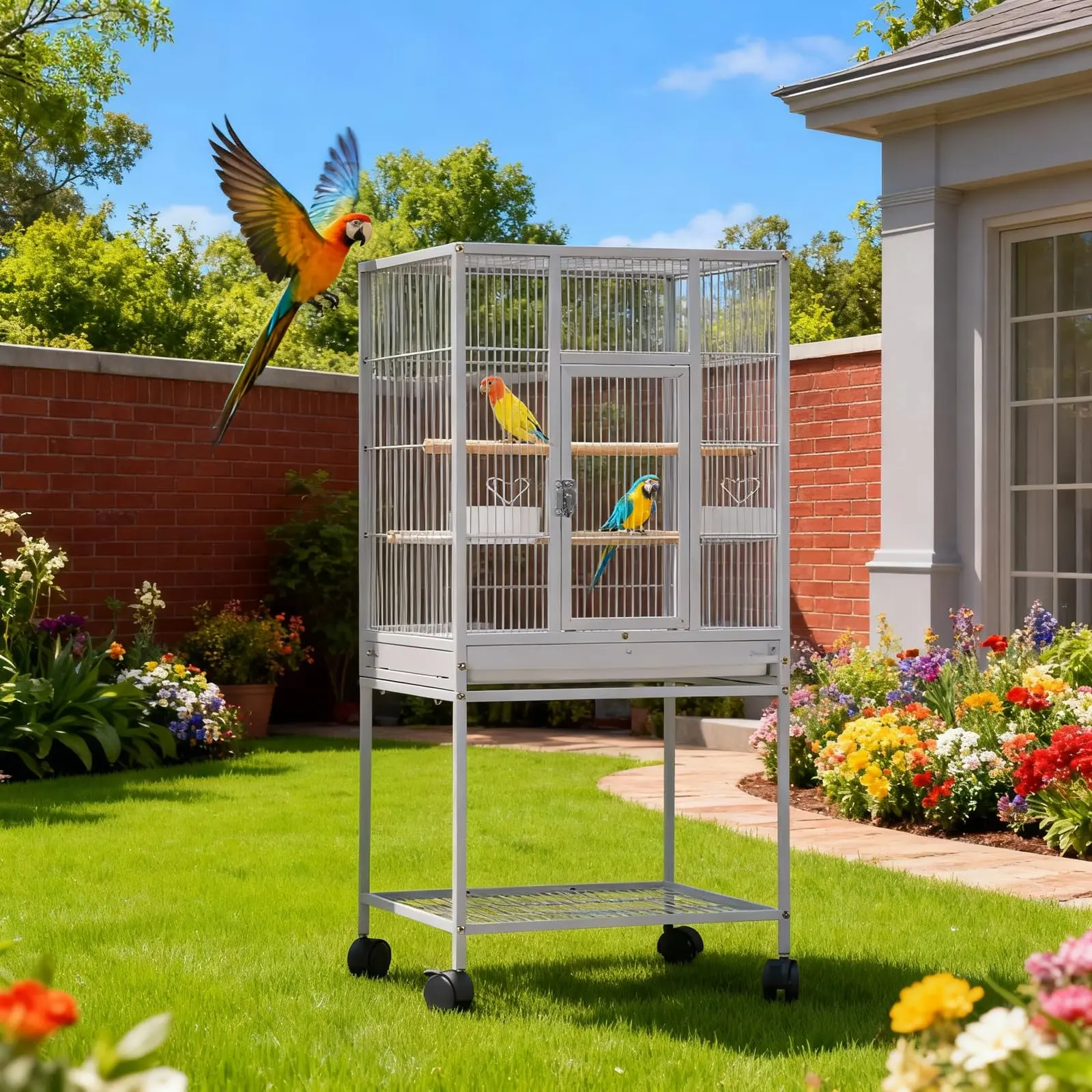 41" Metal Bird Cage for Parakeets & Large Parrots - Includes Food Trays, Wooden Perches, Rolling Stand with Brakes - Ideal for Cockatiels, Pigeons