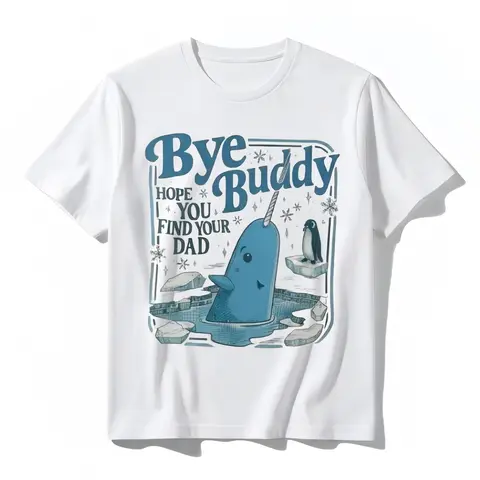 Women's Pure Cotton Round Neck Short-Sleeve Graphic Tee - H-Type Relaxed Fit, Bnddy Narwhal Whale Bear "Bye Buddy" Print, Foldable, Machine Washable, All-Occasion Casual Top, Classic Movie Christmas Gift
