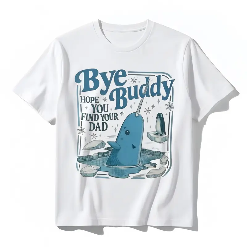 Women's Pure Cotton Round Neck Short-Sleeve Graphic Tee - H-Type Relaxed Fit, Bnddy Narwhal Whale Bear "Bye Buddy" Print, Foldable, Machine Washable, All-Occasion Casual Top, Classic Movie Christmas Gift