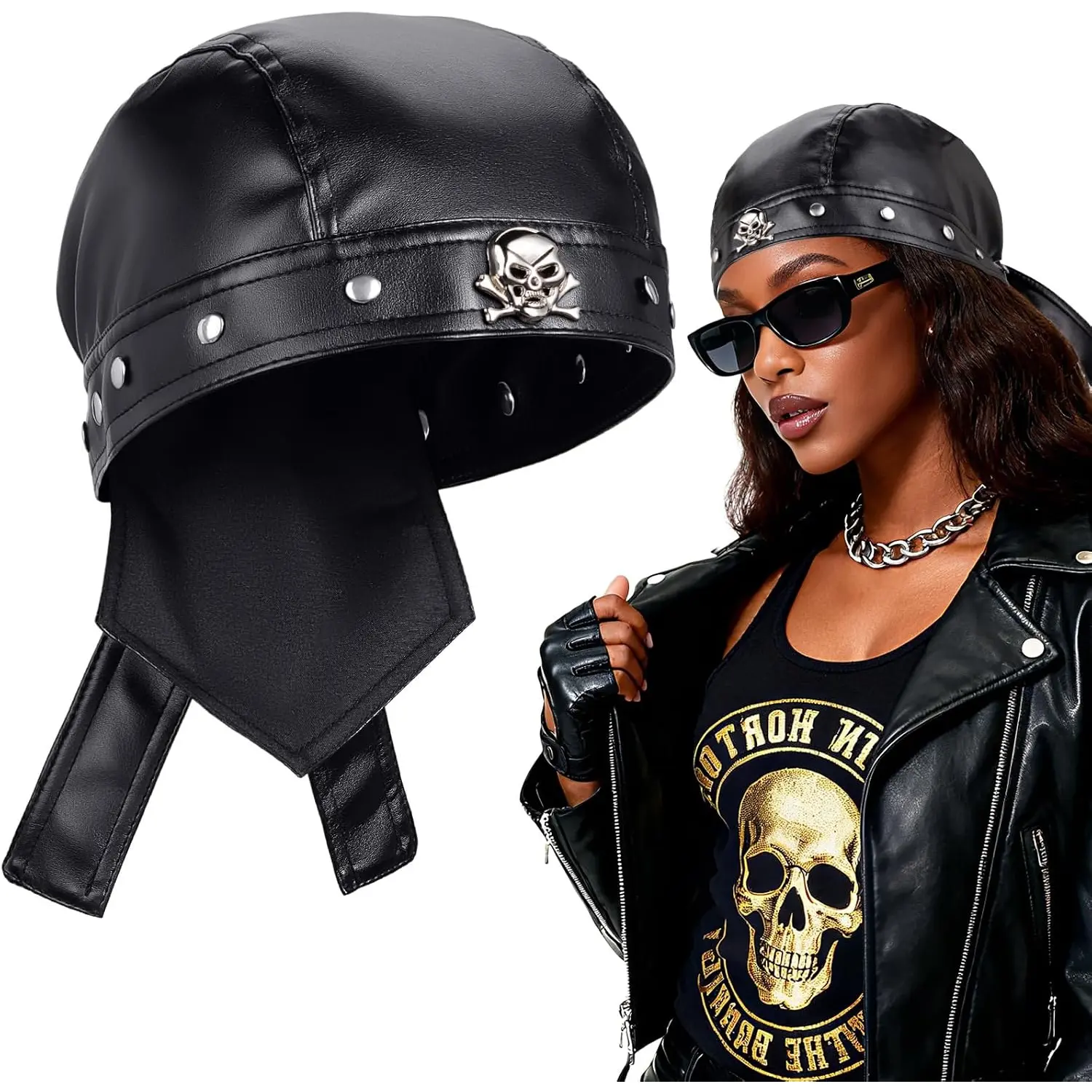 Unisex PU Leather Skull Head Wrap - Adjustable Fit, Metal Cross, Stud Accents, Tie-Back Bandana for Festival Outfits, Gothic Biker Scarf