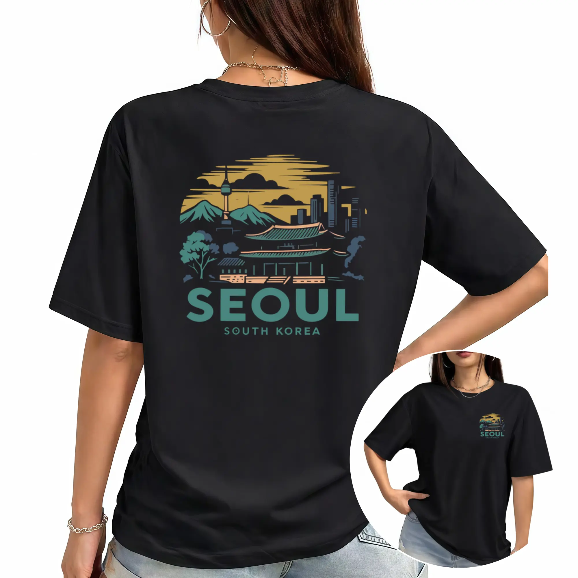 Women'S Front And Back Printed T-Shirt Featuring a Seoul, South Korea Design, Stylish And Casual Short Sleeves with a Round Neck, Suitable for And Everyday Wear in All Seasons, with a Fun Printed Design