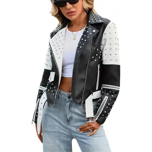 Women's Vintage-Inspired Black & White Jacket with Rivet Detailing, Adjustable Belt, and Zipper Closure - Casual Streetwear Style for Spring/Summer, Casual Streetwear