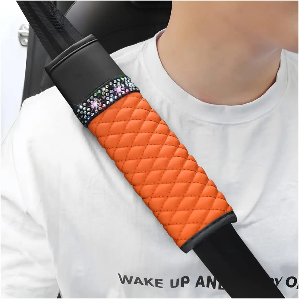 2 Synthetic Breathable Leather Car Seat Belt Pads - Double-Layer EVA Sponge Cushioned Auto Harness Covers, Stick-On Easy Install/Remove Tight-Fit 4-Seasons Female-Friendly Automotive Interior Accessory for Female Friends (Orange)