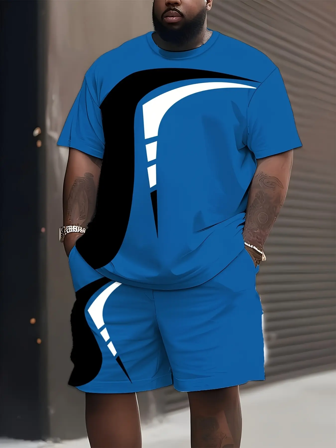 Plus-Size Dynamic Trendy Casual Outfit: Blue And Black Color-Blocked Geometric Pattern Short-Sleeve Top And Shorts Set, Man, Plus Size Clothes