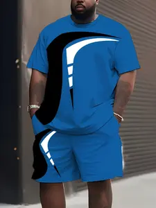 Plus-Size Dynamic Trendy Casual Outfit: Blue And Black Color-Blocked Geometric Pattern Short-Sleeve Top And Shorts Set, Plus Size Clothes