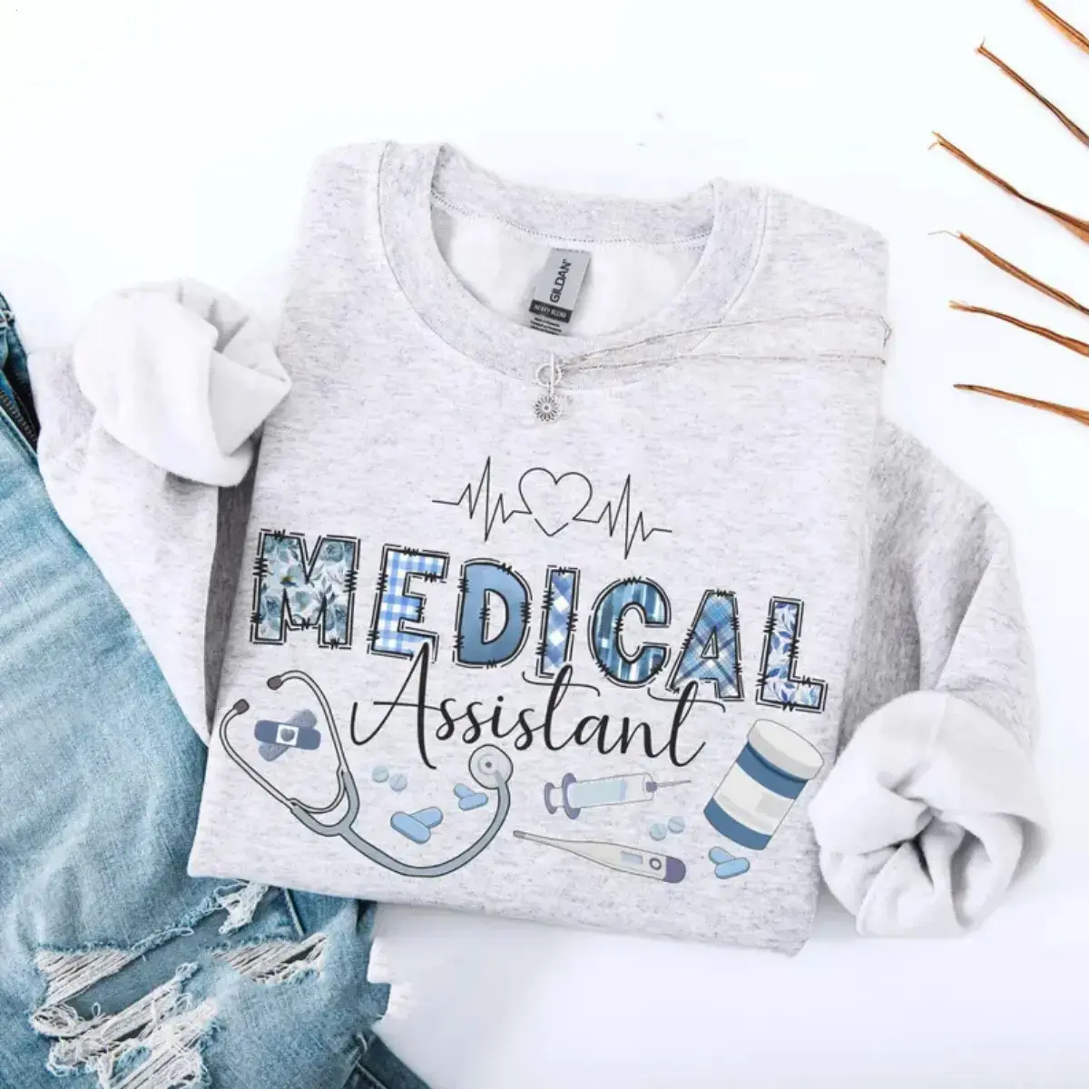 Medical Assistant T-Shirt or Sweatshirt,Healthcare Worker Crewneck, Medical Assistant Shirt, Nurse Life Graphic tshirt, Casual Medical Office Pullover, MA Heartbeat Sweatshirt