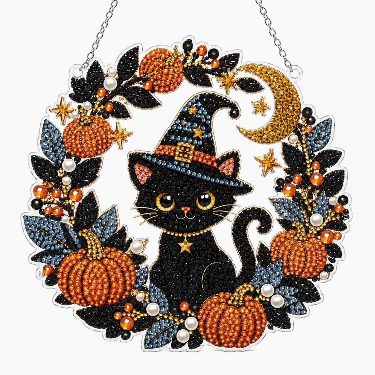 Halloween Black Cat Wreath DIY Diamond Painting Hanging Kit, Acrylic Gem Bead Mosaic Ornament with Chain, Pumpkin & Moon Pattern Handmade Window Wall Hanger for Halloween Home Door Decor