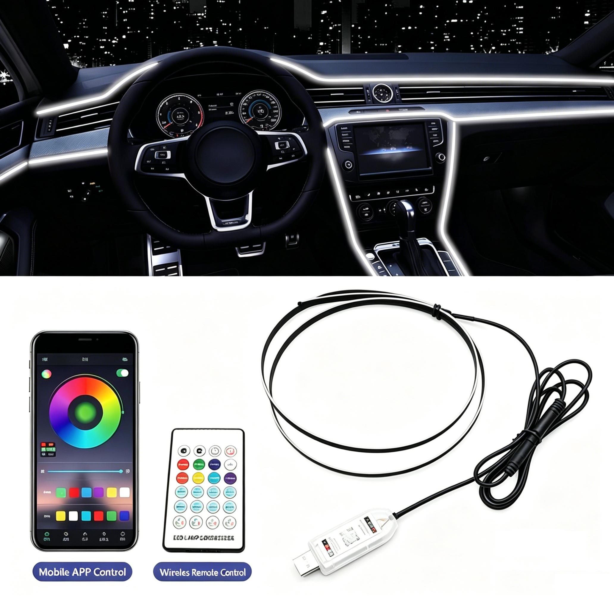 Car Interior LED Strip Light, Acrylic RGB USB Ambient Light Kit, Dreamy Color Chasing, Music Sync Dynamic Scanning Lighting Car Interior LED Strip Light, Acrylic RGB USB Ambient Light Kit, Dreamy Color Chasing, Music Sync Dynamic Scanning Lighting