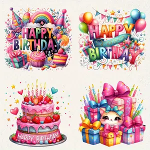 4-Piece Multicolor Vinyl Iron-On Stickers for DIY Crafts, Cute Birthday Hat, Balloon and Heart Design Heat Transfer Decals for T-Shirts, Backpacks, Pillows (Apparel Decoration)