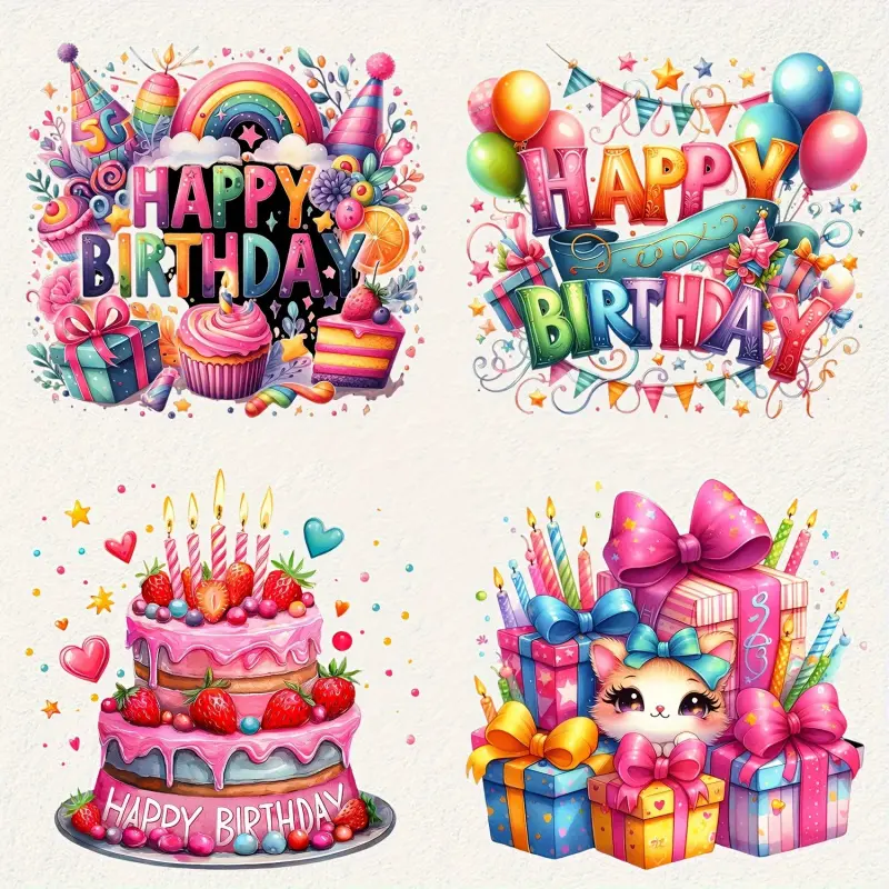 4-Piece Multicolor Vinyl Iron-On Stickers for DIY Craft Supplies, Cute Birthday Hat and Balloon Design Heat Transfer Decals for T-Shirts, Backpacks, Pillows (Apparel Decoration)