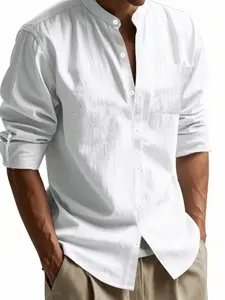 Men's Linen Long Sleeve Shirt, Stand Collar Breathable Casual Button-Down Top, Pure Color Lightweight Summer Wear