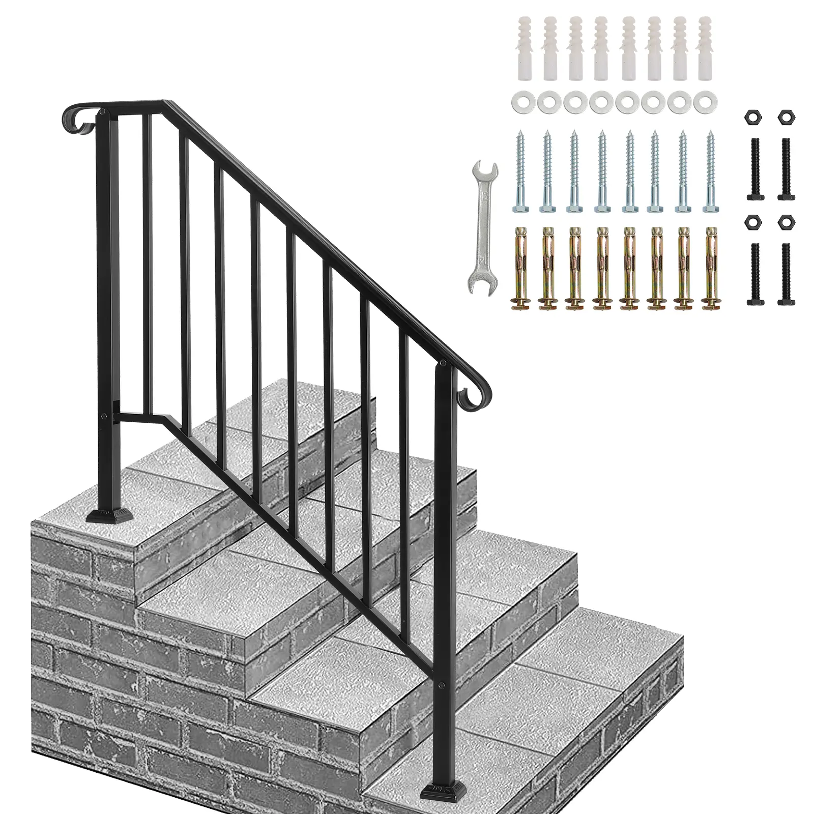 Stylish Rustproof Metal Outdoor Home Gardening Galvanized Iron Garden Step Handrail, 3-4 Step Design, Matte Black Powder Coated, Welded Construction with Included Mounting Hardware