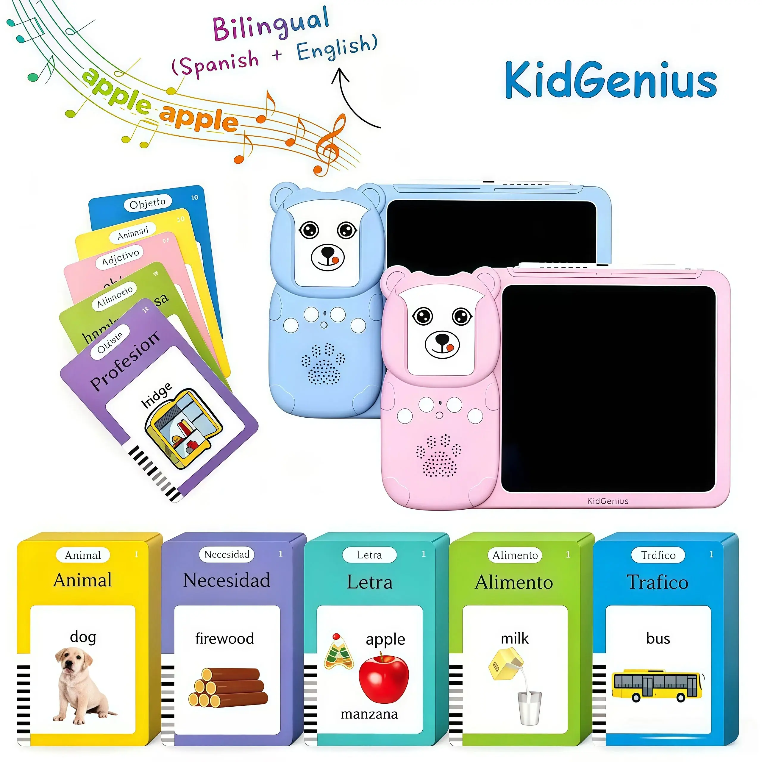 KIDGENIUS Playful Flash Cards, Screen-Free Travel Educational Toys for Kids - 510 Spanish-English Words, Interactive Talking Flash Cards with LCD Drawing Tablet