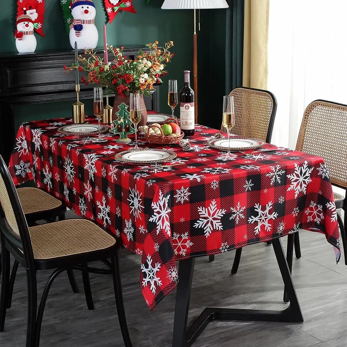 Christmas Tablecloth Rectangle, Plaid Table Cloth with Snowflake Decorations, Heavy Weight & Spillproof Table Cover for Dining, Party & Holidays