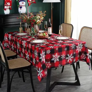 Christmas Tablecloth Rectangle, Plaid Table Cloth with Snowflake Decorations, Heavy Weight & Spillproof Table Cover for Dining, Party & Holidays