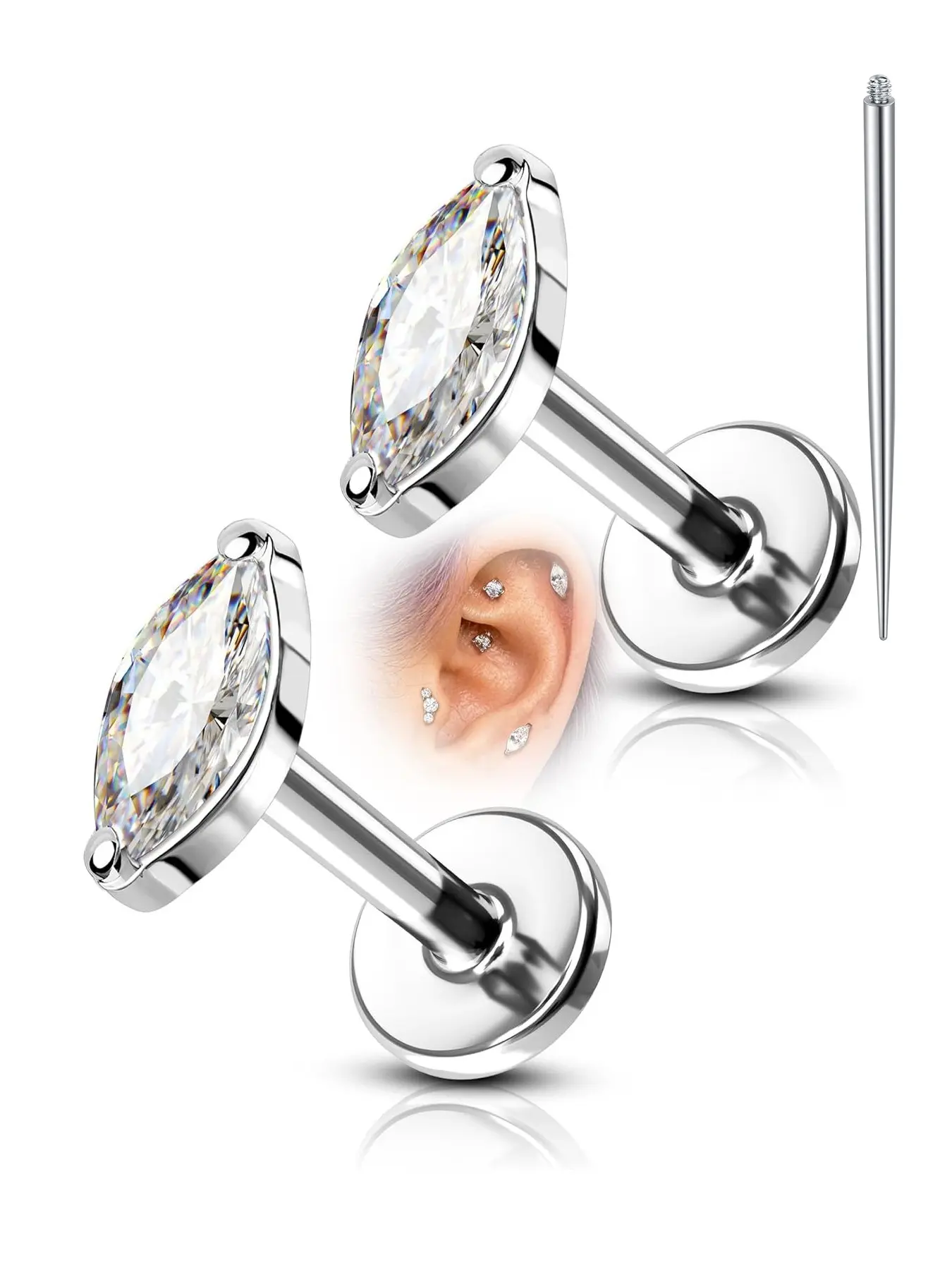 1 Pair Hypoallergenic Star CZ Flat Back Helix Earring, Internal Thread design, 16G 6mm, Forward Helix Tragus Cartilage Piercing Jewelry, Ear Piercings, Puncture Tool Included