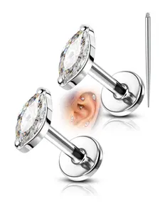 1 Pair Hypoallergenic Star CZ Flat Back Helix Earring, Internal Thread design, 16G 6mm, Forward Helix Tragus Cartilage Piercing Jewelry, Puncture Tool Included