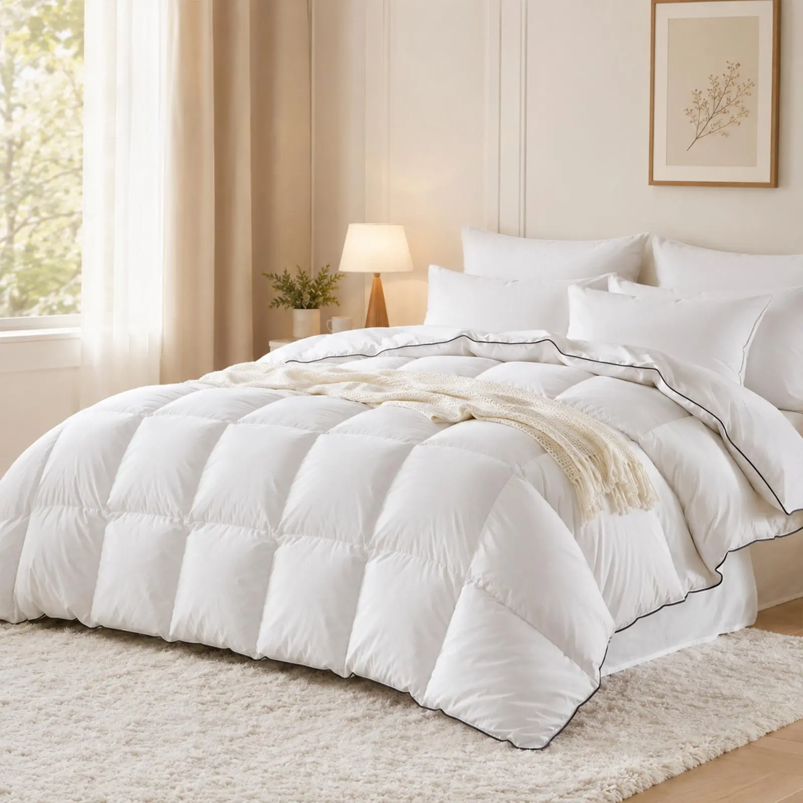 Goose Feather Down Fiber Comforter Queen, White, 90X90IN | Medium Warmth, 100% Organic Cotton Fabric, High Fill Power,Hotel Collection, Soft, Fluffy and Breathable,8 Corner Tab，with Black Piping,All-Season Duvet Insert, Soft & Breathable