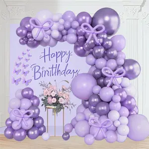Purple Bow Balloons Garland Arch Kit Light Purple Balloon Birthday Decorations with Butterfly Cupcake Toppers Bow for Wedding Bridal Girls Engagement Bachelorette Birthday Party Decorations