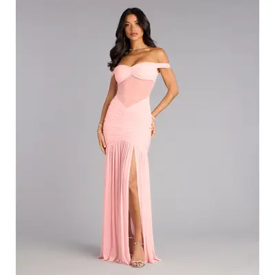 slim fit dress slacks Belinda Off-The-Shoulder Slit Satin Formal Dress