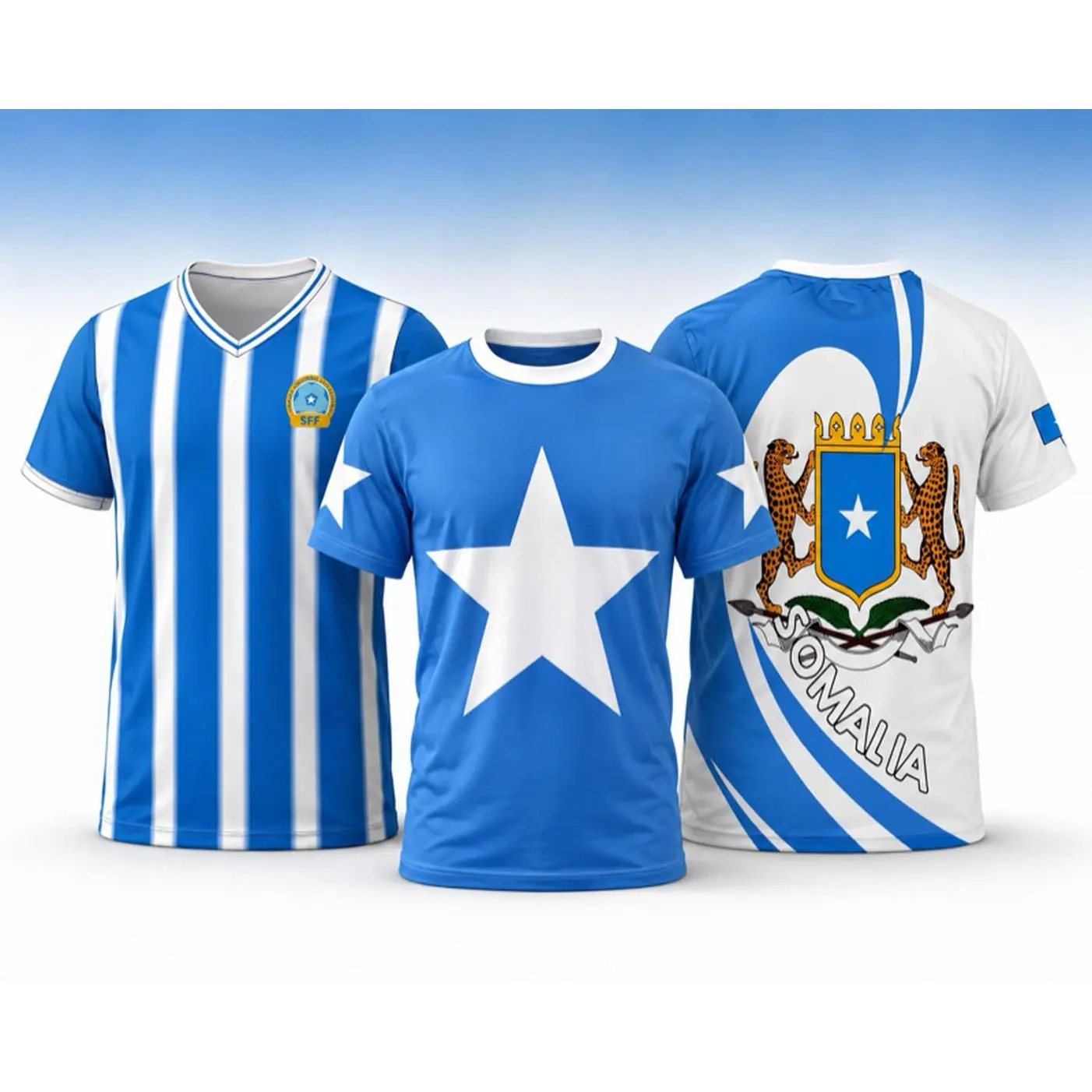 Somalia Jersey Flag and Coat of Arms Tshirts - beautiful Design with Star and Stripes - Perfect for Fans
