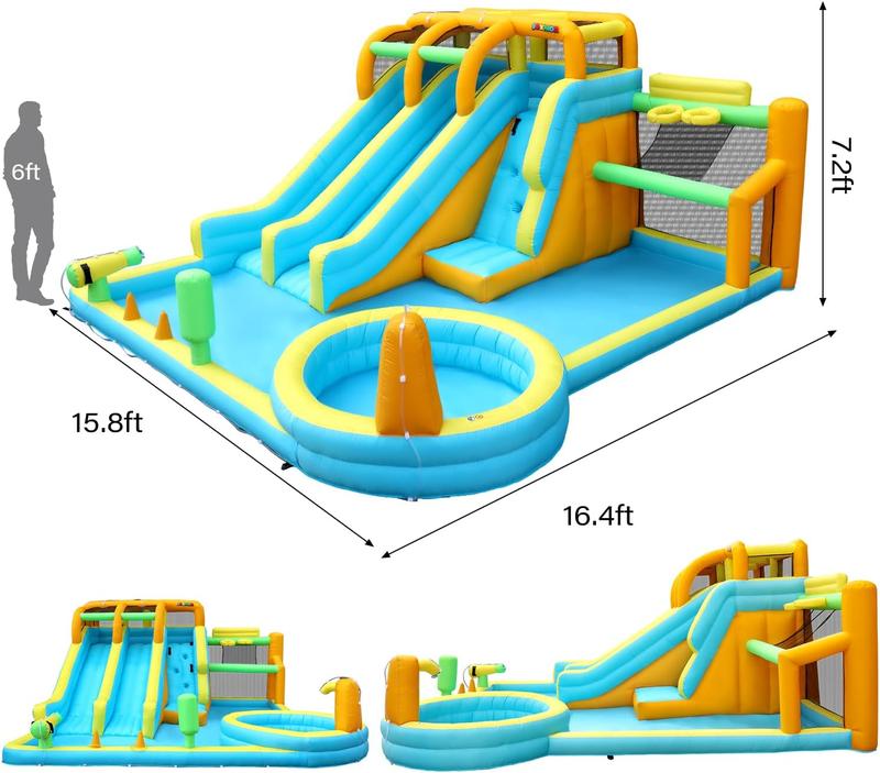 JOYMOR 11-in-1 Inflatable Water Slide for Kids Backyard w/ 2 Waterslide, 2 Basketball Hoop, Pool, Climbing Wall, Water Blasters, 1min Blow Up Water Slides Park w/ 750w Blower, Storage Bag