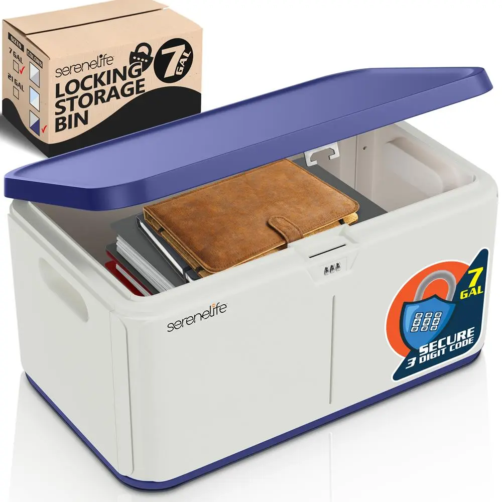 Navy Blue Locking Storage Bin with Lid - 8 Gallon | Heavy Duty Stackable Organizer Box with 4 Digit Combination Lock -Portable Plastic Storage Container for Home, Office, Garage & Outdoor Camping Use