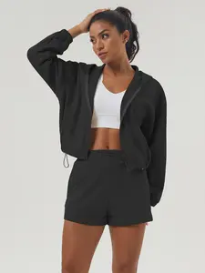 2-piece Women's Full Zip Side Pocket Drawstring Hem Hoodie and Elastic Waistband Loose Shorts, Athleisure Wear Set, Suitable for Autumn and Winter Sports Fitness Sets