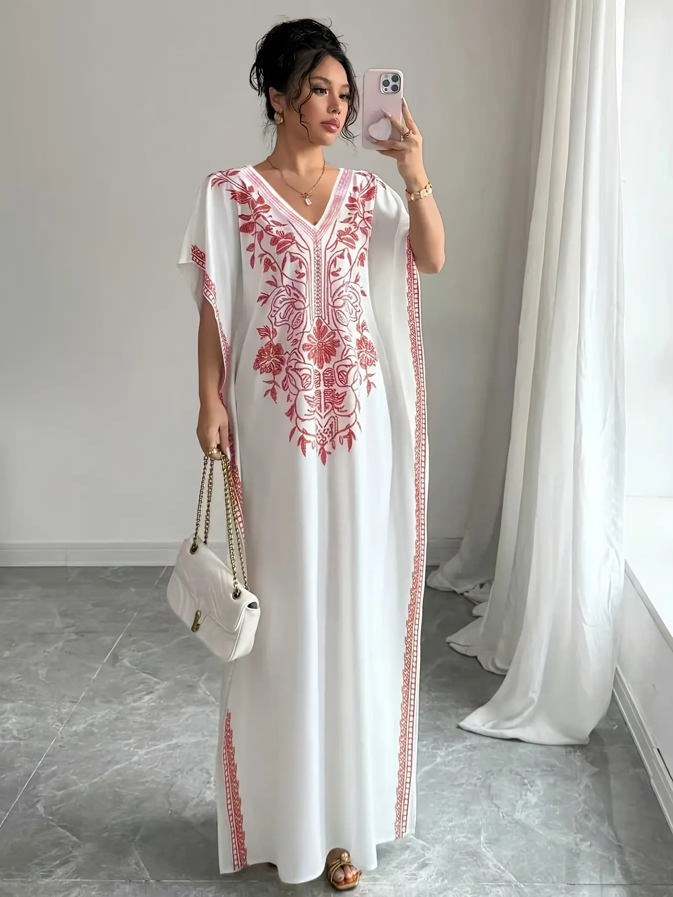 Women's Summer V-Neck Plant Floral Print Dress, Boho Style Three Quarter Sleeves, Long Loose-Fit Beach Vacation Dress, Casual Daily Wear Womenswear Fashion