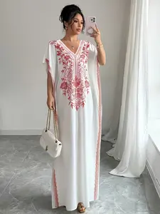 Women's Summer V-Neck Plant Floral Print Dress, Boho Style Three Quarter Sleeves, Long Loose-Fit Beach Vacation Dress, Casual Daily Wear Womenswear
