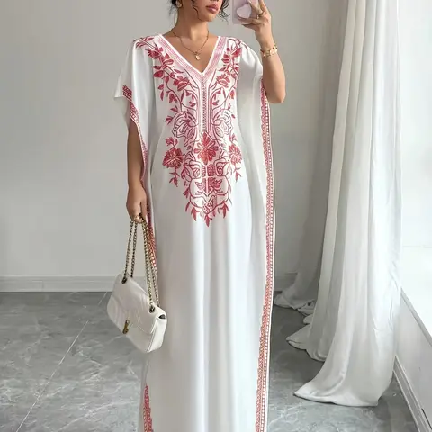 Women's Summer V-Neck Plant Floral Print Dress, Boho Style Three Quarter Sleeves, Long Loose-Fit Beach Sundress Vacation Dress, Casual Daily Wear Womenswear Fashion, Boho Printed Dress