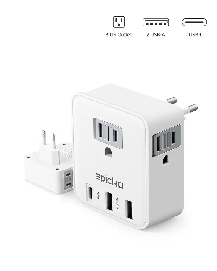 【New】321 Single Plug Universal Socket Travel Adapter, 100-240V Compatibility, 3 AC Outlets, 2 USB-A Ports, for AC-Powered Devices & Cellphones