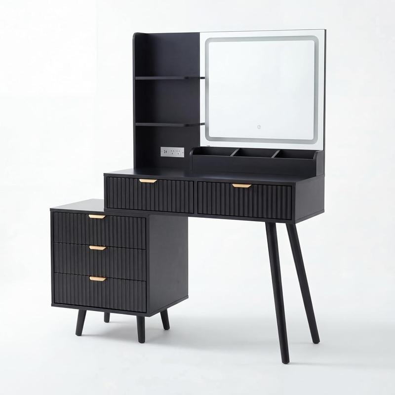 Wood Finish Modern Wave Panel Makeup Vanity Table with Lighted Mirror (3 Color Modes), Built-in Power Outlet, 5 Wave-Pattern Drawer Fronts, Storage Shelves, Display Area, 45.9"w x15.7"d x55.1"h Bedroom Cupboard Cabinet Furniture
