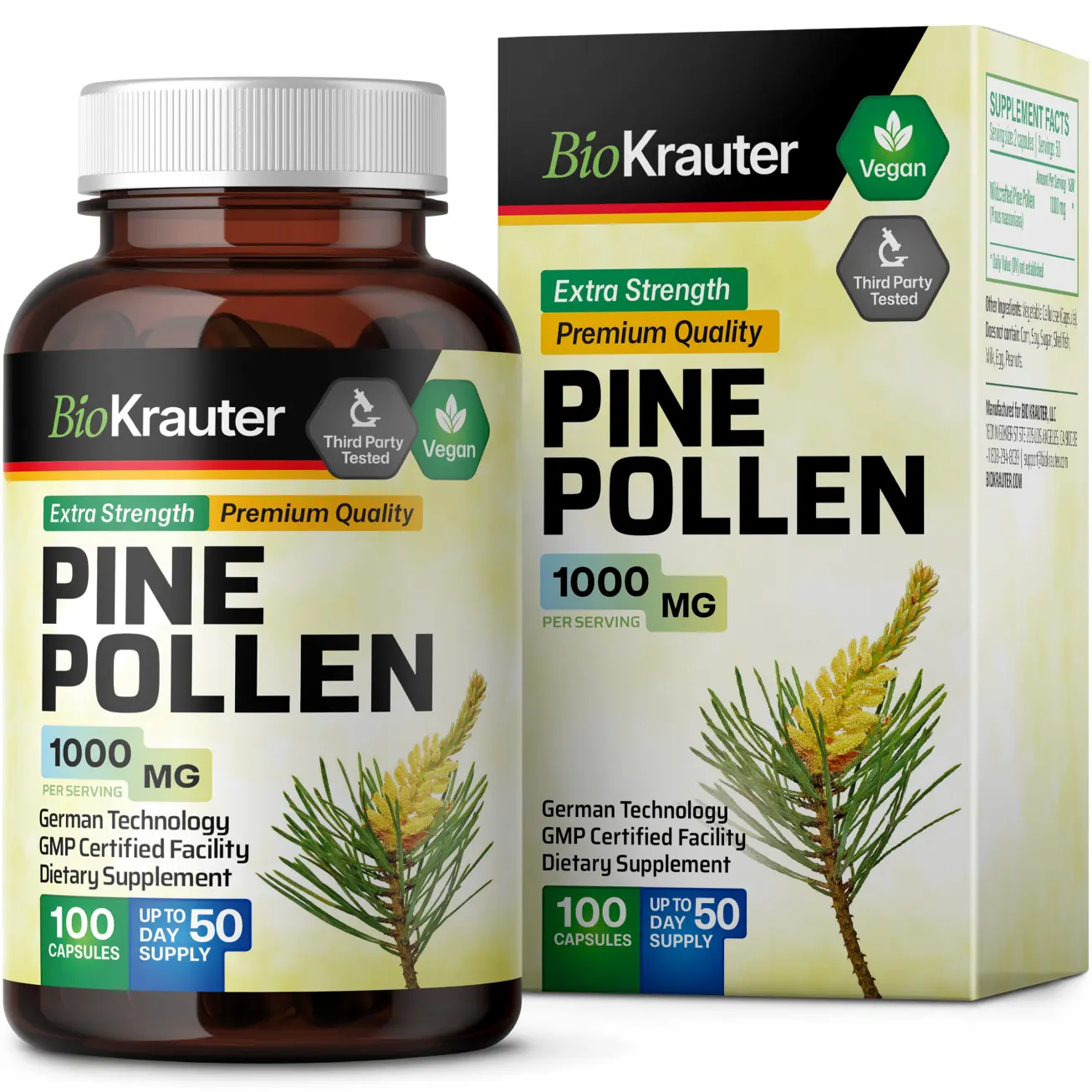BioKrauter Pine Pollen Supplement 1000 MG - 100 Capsules, Vegan, US Healthcare, Edible, Dietary, Fitness, Natural Support for Hormonal Balance
