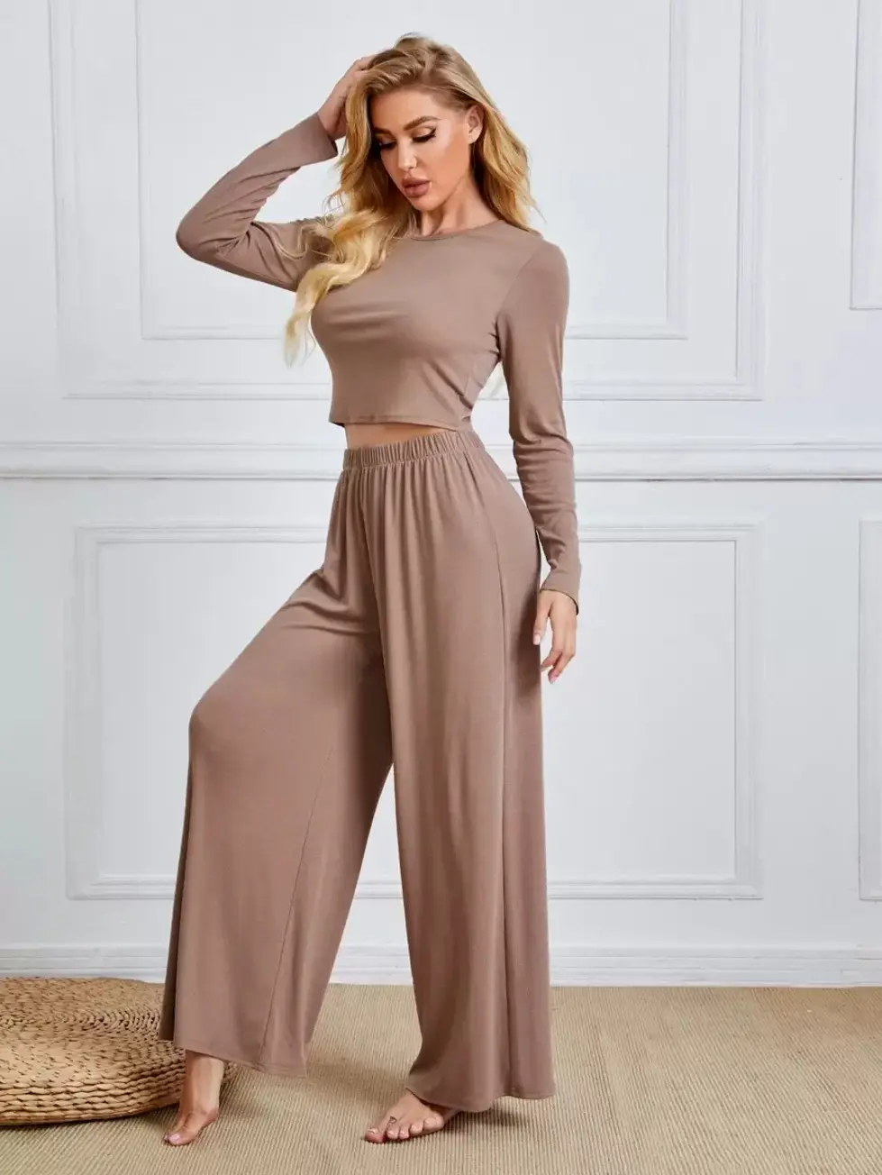 Rib-Knit Long Sleeve Cropped Top and Wide Leg Pants 2-Piece Set in Mocha Brown