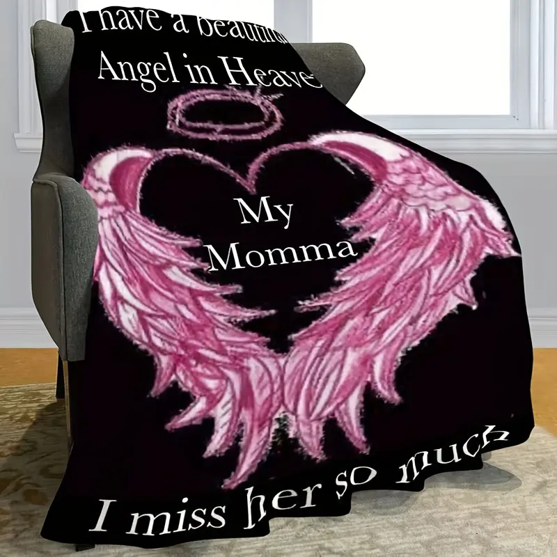 Super Soft Flannel Hug Blanket - Angel Mom in Heaven Heart-Winged Tribute, High Definition Print for Sofa, Bed, and Travel, Comfortable Gift, White, 100% Polyester, Blanket, Gifts