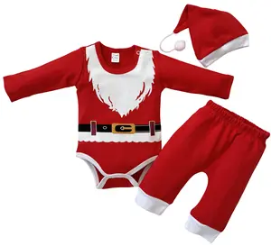 Newborn Baby Girl & Boy First Christmas Santa 100% Cotton Outfit – Santa Romper & Hat / 3-Piece Santa Claus Bodysuit Set – Holiday Baby Costumes