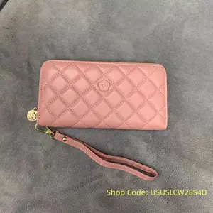 Pinback Accessory Slim-Fit Pink Embossed Monogram Wallet with Zip Closure and Pocket