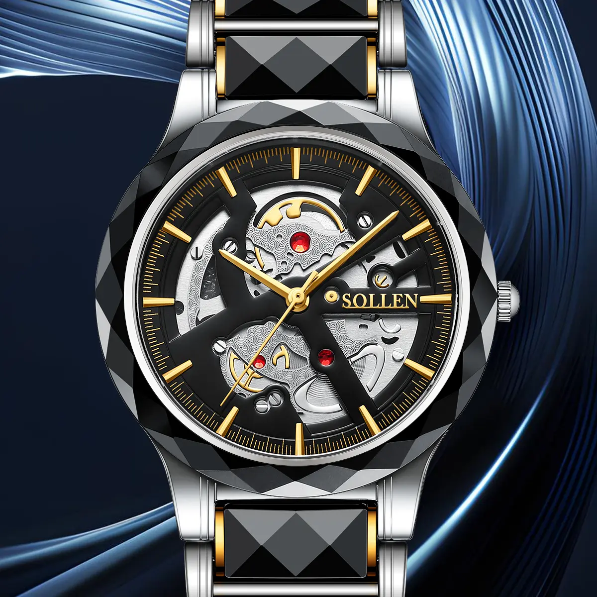 SOLLEN 207 Men's Skeleton Watch – Tungsten Steel Case & Band, Business Casual Quartz Design, Luminous & Waterproof, Trendy All-Match Style | Perfect Gift for Boyfriend, Husband, or Dad – Ideal for Birthday, Valentine’s, Father’s Day, or Wedding
