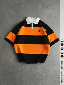 Unisex Black & Orange Striped Polo Shirt, Regular Fit Short Sleeve Casual Top For Streetwear
