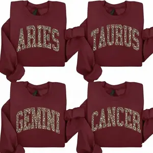 Full 12 Minimalist Zodiac Graphic Sweatshirt – Maroon Color, Leopard Print Astrology Sign Pullover, Vintage Horoscope Crewneck for Women & Men