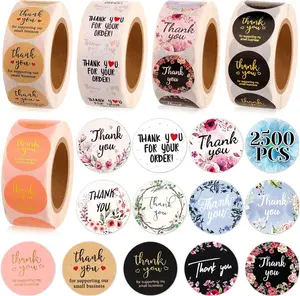 Thank You Small Stickers Rolls, 2500Pcs 1 Inch Thank You for Supporting My Small Business Envelope Seals, 5 Rolls 12 Patterns for Wedding, Birthday, Party Gift Wrap Bag Evatage