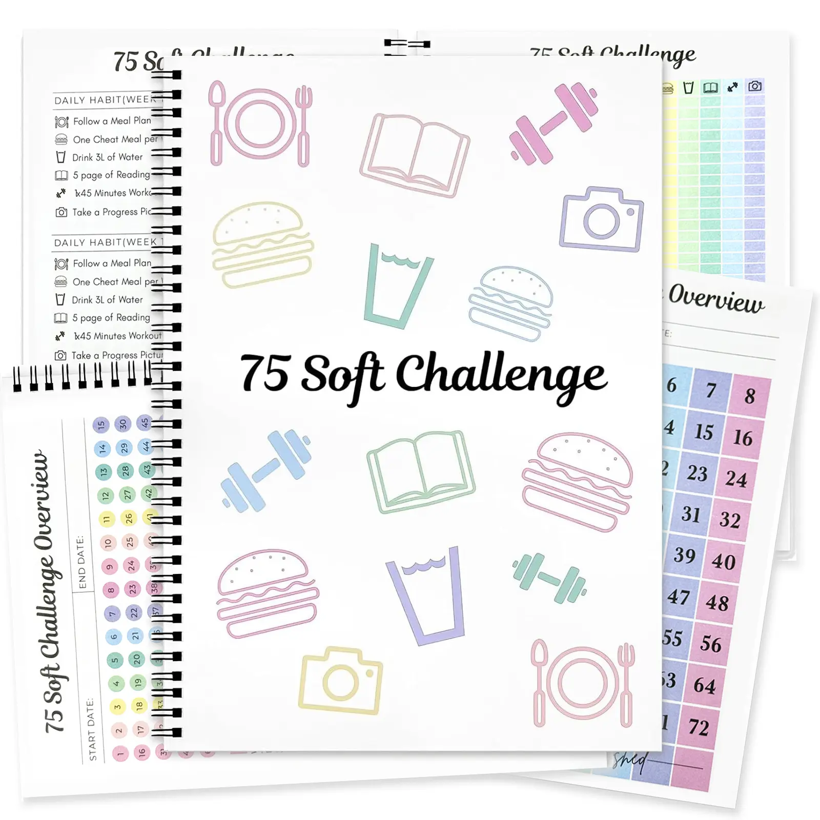 75 Soft Challenge Journal & Planner A5 Soft Challenge Planner Notebook Time Management & Efficiency Improvement Record Book Spiral Weekly and Monthly Calendar Planners Note Book Office Stationery & Supplies