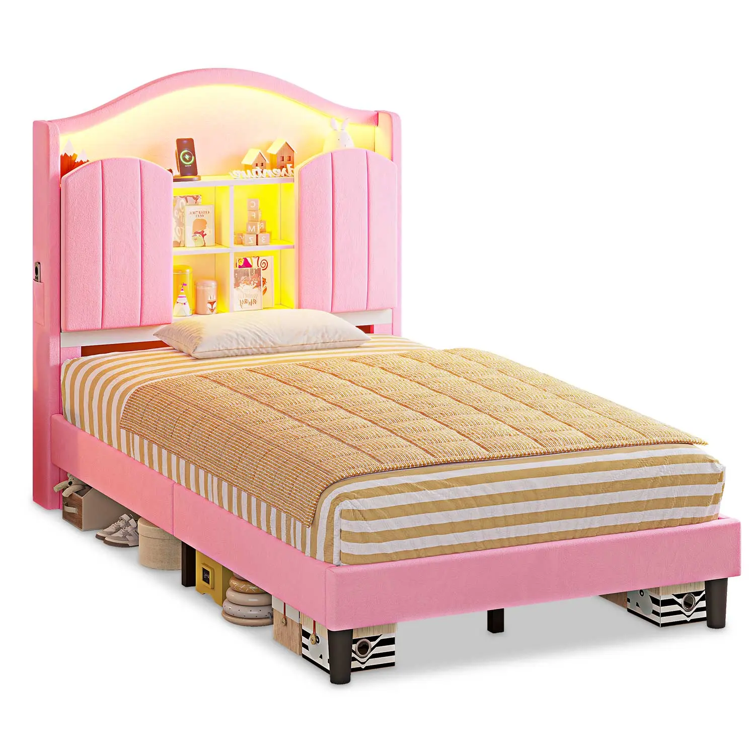 SIKAIC Modern Twin Size Pink Princess Bed Frame with LED Lights, Curved Headboard with USB Port & Compartment, Underbed Storage, Assembly Required, With Compartment(S)