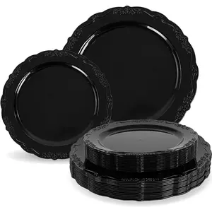 60PCS Black - Black Disposable, Elegant for Wedding, Birthday and Party Including 30 Dinner 10 '' & 30 Dessert 7.5 ''