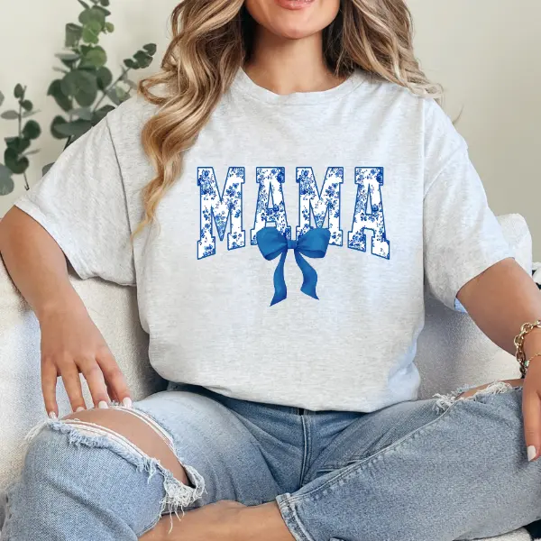 Gildan Floral Blue Mama Coquette bow women tops, Womenswear Casual Comfortable Everyday Short Sleeve Tee Oversized Cotton