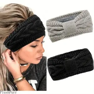 TikTokShopBlackFriday 2-Pack Women's Winter Headbands with Furry Ear Warmers Soft Stretchy Polyester Hairbands Cozy Warm Accessories for Cold Weather One Size Fits Most Black and Grey Unisex Elastic Jacquard Storage