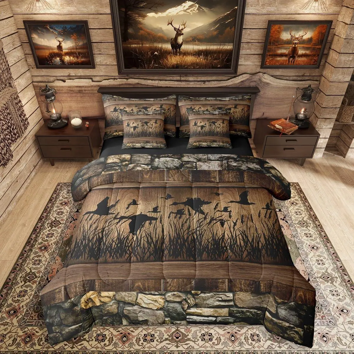 7 Piece Mallard Duck Hunting Bedding Farmhouse Comforter Set with Sheets | Rustic Cabin Bed in A Bag for Kids Boys Teen Men,Brown Country Wooden Stone Bed Set,Lodge Home Decor