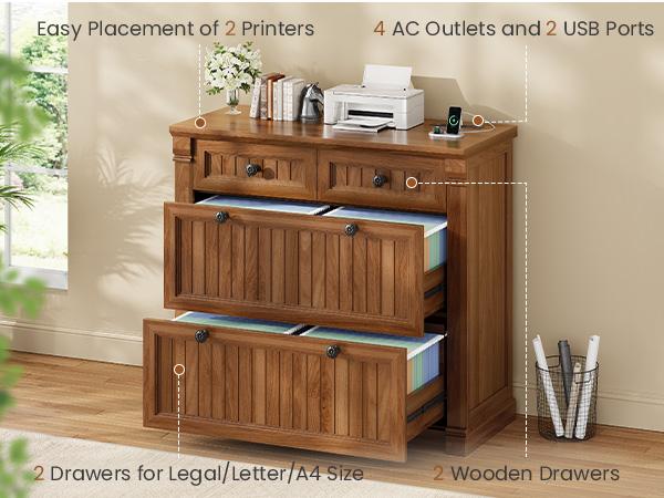 SEDETA 4 Drawers File Cabinet, 33" Farmhouse Filing Cabinets for Home Office fit Legal/Letter/A4 File, Wood Office File Cabinet with Power Outlets, Printer Stand with Storage