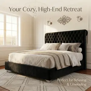 Queen/King Size Upholstered Platform Bed Frame, 52.8'' Tall Sleigh Headboard with Button Tufted Design, Modern Style, Sturdy Construction, No Box Spring Needed, Easy Assembly, Classic Black Bed Frame for Bedroom